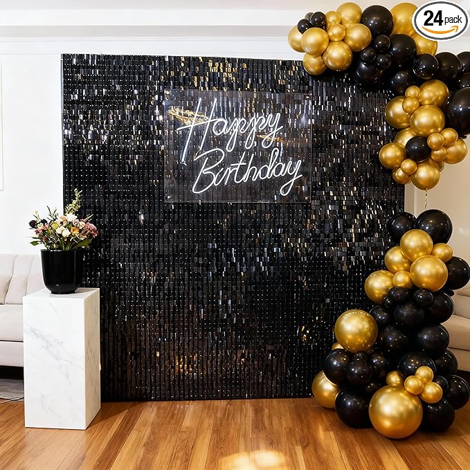 Black Shimmer Wall Backdrop 24 Panels Cover 4 x 6 Ft, Photo Backdrops for Wedding,Graduation,Anniversary,Birthday,Party Decoration