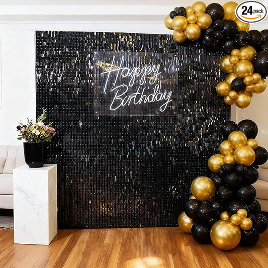Black Shimmer Wall Backdrop 24 Panels Cover 4 x 6 Ft, Photo Backdrops for Wedding,Graduation,Anniversary,Birthday,Party Decoration