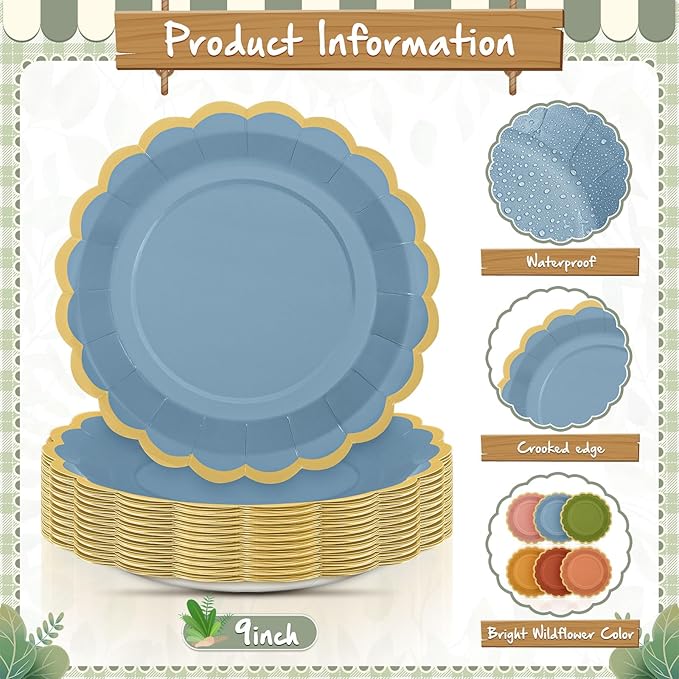 96 Pcs Wildflower Color Paper Plates 9 Inch Colorful Boho Scalloped Paper Disposable Dinner Dessert Plates for Spring Summer Birthday Wedding Bridal Party Supplies, 6 Colors