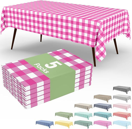 Smiry 5 Pack Hot Pink Gingham Disposable Tablecloths - 54" x 108" Heavy Duty Plastic Table Cloth, Waterproof Buffalo Plaid Table Covers for Picnic, Banquets, Parties