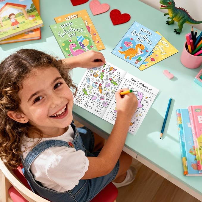 Valentine’s Day Activity Books for Kids - 24Pcs Dinosaur Theme Mini Games Coloring Book Set Bulk Mazes Word Search Word Scramble Games for Valentines Party Goodie Bags Stuffers School Classroom Favors