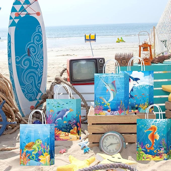 W WINTMING 16PCS Sea Animals Party Gift Bags with Handles Ocean Goodie Bags Under the Sea Party Favor Bags Paper Candy Bags Summer Party Treat Bags Gift Wrap Bags for Birthday Party Decoration