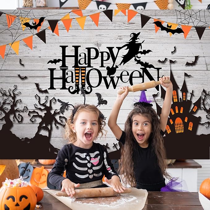 Mocsicka Happy Halloween Backdrop Spider Web Witch and Flying Bats Photography Background Wooden Floor Halloween Party Cake Table Decoration Banner Photo Booth Props (7x5ft)