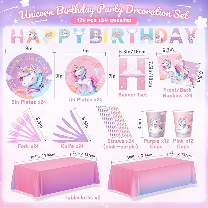 171Pcs Unicorn Birthday Party Decorations with Unicorn Rainbow Banner and Tablecloth, Birthday Party Supplies with Plates Cups Napkins Straws Cutlery, Pink Purple Disposable Tableware for 24 Guests