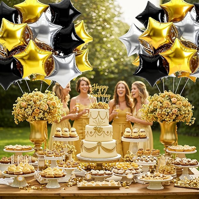 TONIFUL 15Pcs 18 Inch Large Gold Silver Black Star Shape Foil Balloons Big Stars Helium Mylar Ballons for Birthday Wedding Bridal Shower Anniversary Engagement Party Decorations Supplies