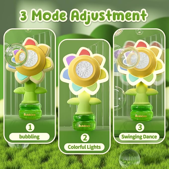 2 Pack Rechargeable Flower Bubble Guns for Kids W/LED Lights & 10 Refill Solutions, Fun Swing Dance Bubble Maker Machine Blower Blaster Toys,Outdoor Summer Play, Easter, Birthday Party Favors & Gifts
