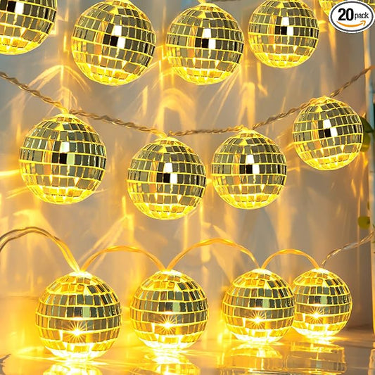 AceList 20 LED 9.8ft Disco Ball String Light - Battery Powered and USB Plug, Disco Ball Lights for 70's Disco Party Decorations and Birthday Parties, Mamma Mia (Gold)
