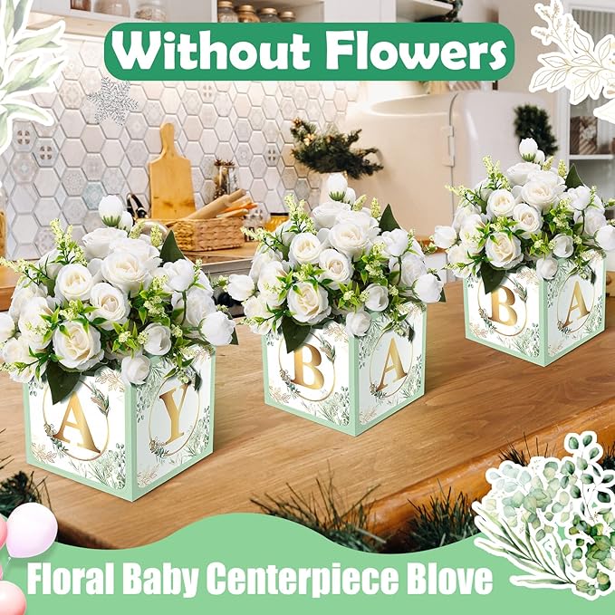 Bucherry 6 Pcs Baby Shower Centerpieces with Letters, 7" Baby Blocks Flower Boxes for Table Decorations, Gender Reveal Party Supplies & Photo Props(Green,Sage Green Leaf)