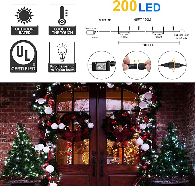 weillsnow White Christmas Fairy Lights Plug in, 200 LED 66FT Waterproof Christmas String Lights, 8 Modes with Memory for Outdoor Indoor Wedding Garden Christmas Decorations (66FT, White)
