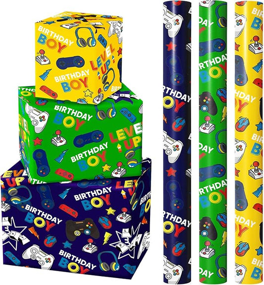 WRAPAHOLIC Gaming Wrapping Paper - 3 Short Roll - Video Game Birthday Wrapping Paper for Kids Boys Birthday, Game Lover - 17 Inch x 120 Inch Per roll