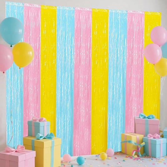 BEISHIDA 3Pcs Pastel Color Door Streamer Backdrop Foil Fringe Tinsel Curtains Backdrops for Birthday Baby Shower Party Decoration (3.28 ft x 6.56 ft)