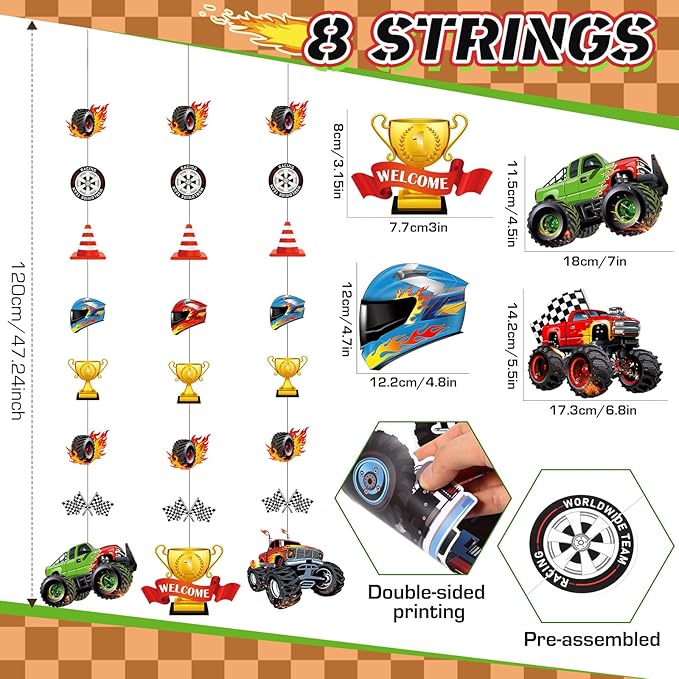 Daifunli 8 Pcs Truck Party Decorations Monster Truck Hanging Garlands Streamer Cutouts Race Car Theme Birthday Banner Backdrop for Boy Car Baby Shower Party Supplies Home Wall Ceiling Decor