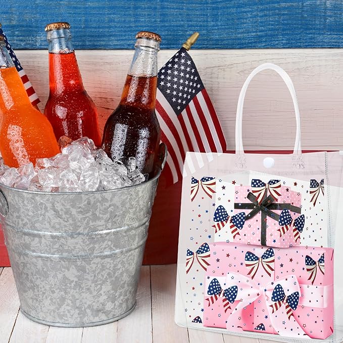 Supervitae 36 Pcs 4th of July Clear Favor Bags with Handle Reusable Red White Blue Bowknot Gift Bag Goodies Treats Totes for Independence Day Birthday Wedding Patriotic Party, 8 x 8 x 3.15 Inch