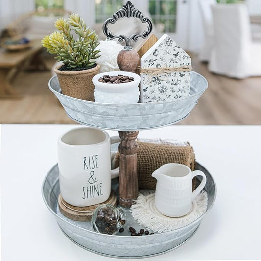 2 Tiered Tray Stand - Stunning, Carved Wood Dowels, Farmhouse Cookie Display Stand, Metal Serving Tray, Galvanized Tiered Tray for Rustic Party Decor, Pastry Stand