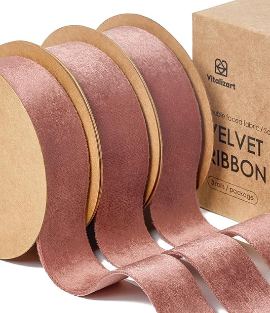 Vitalizart Rose Gold Velvet Ribbon Set 1 Inch Double Faced Pink Ribbon for Christmas Ornaments Gift Wrapping 15 Yards Wreath Decoration Bows Making Holiday Crafts