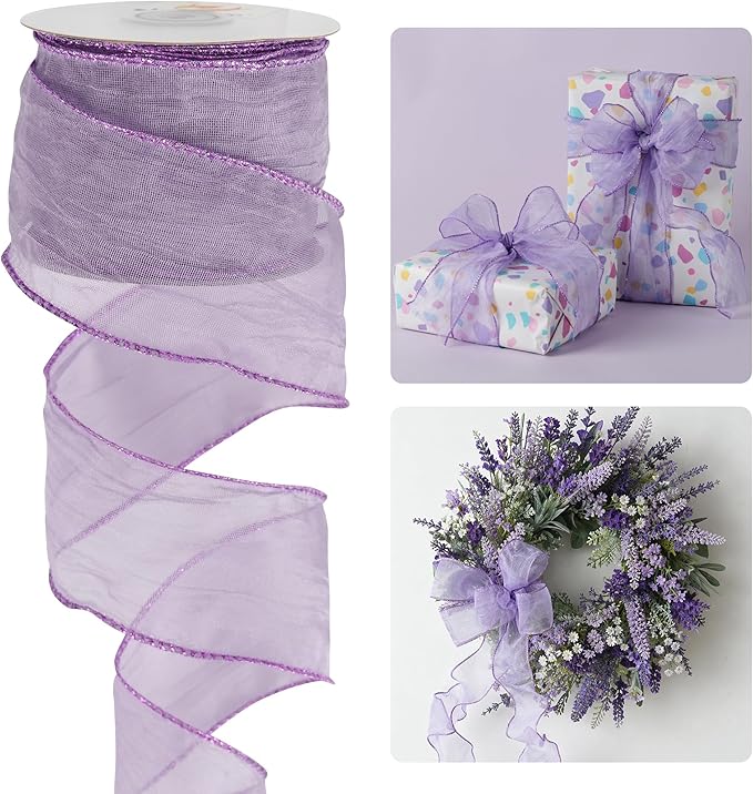 HUIHUANG Purple Crinkle Wired Ribbon 2.5 inch Metallic Crinkle Lavender Wreath Ribbon for Gift Wrapping Basket Bows Making DIY Crafts Home Decor - Continuous 10 Yards