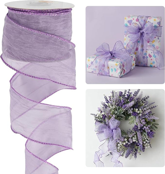 HUIHUANG Purple Crinkle Wired Ribbon 2.5 inch Metallic Crinkle Lavender Wreath Ribbon for Gift Wrapping Basket Bows Making DIY Crafts Home Decor - Continuous 10 Yards