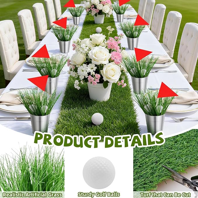 6 Set Golf Party Table Decoration Include 1 Artificial Turf Table Runner 12 Mini Balls 6 Flags 6 Bucket 90 Faux Grass Centerpieces for Golf Masters Party Sport Themed Birthday DIY Decor Favors
