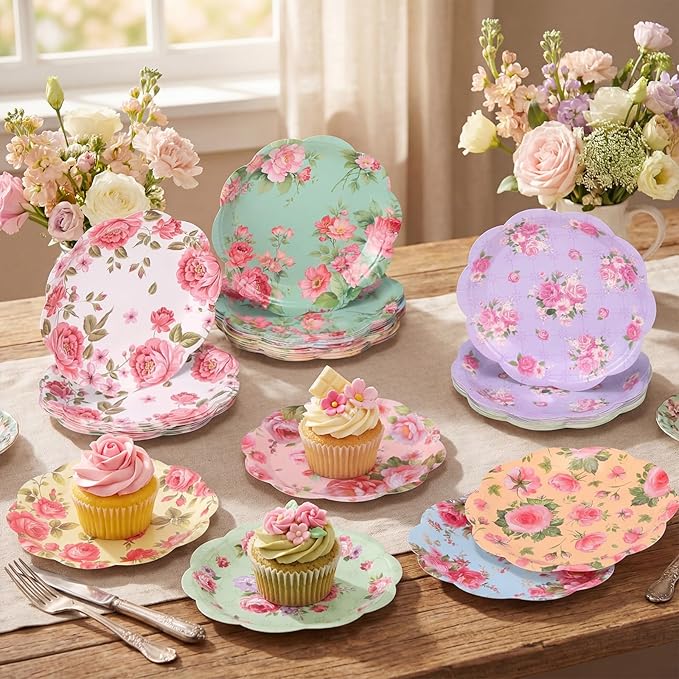 80 Pcs Spring Floral Paper Plates 7 Inch Vintage Scalloped Tea Party Plates Pink Flower Colorful Disposable Dinnerware Dessert Dish for Wedding Bridal Shower Baby Shower Birthday Party Decoration