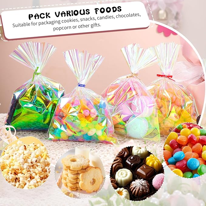 woric 150PCS Iridescent Cellophane Treat Bags with Ties 5x7 Inch Plastic Clear Party Favor Bags Gift Bag for Candies Cookies Baby Showers Weddings Birthday Party Gifts