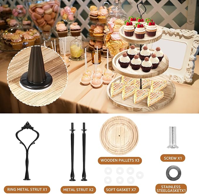 Wood Cupcake Stand 3 Tiers Large Cupcake Holder, Wooden Cake Stand Rustic,Cupcake Stand for 50 Cupcakes,Round Tiered Dessert Display Serving Tray Cupcake Tower for Party Wedding Birthday (Light Tan)