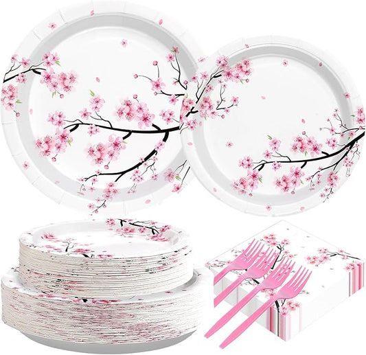 200 PCS Cherry Blossom Party Supplies Watercolor Pink Floral Plates and Napkins Tableware Sets Summer Cherry Blossom Hibachi Birthday Decorations for Wedding Baby Bridal Shower Tea Party Serves 50