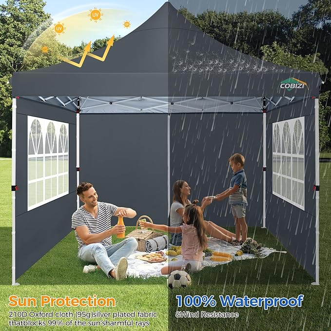 COBIZI 10x10 Pop Up Canopy with 4 Sidewalls, Canopy Tent 10x10 for Parties, Backyard, Commercial, Waterproof and Portable Instant Shelter UV50+ Outdoor Gazebo with 4 Sandbags(Light Gray)