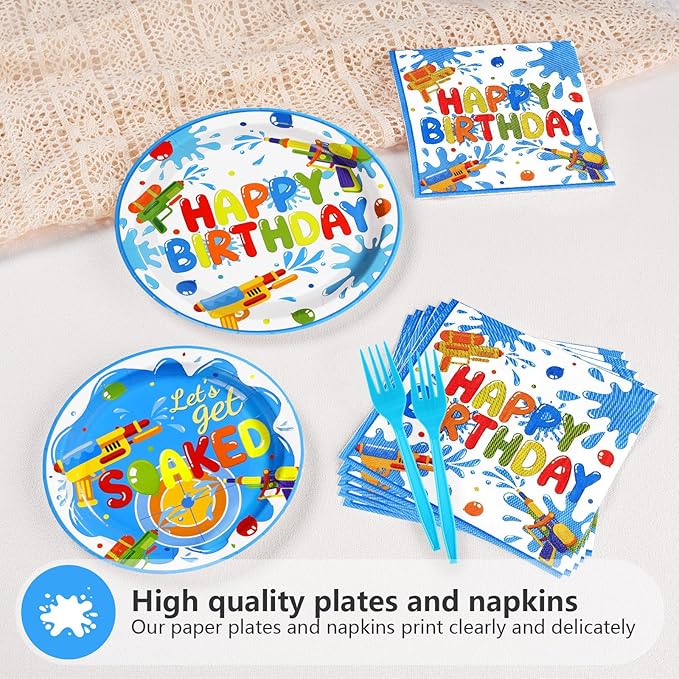 Grencian 96Pcs Summer Water Gun Party Decorations Water Gun Party Plates Disposable Let's Get Soaked Paper Tableware Set for Pool Beach Birthday Summer Splash Fun Supplies, Serves 24