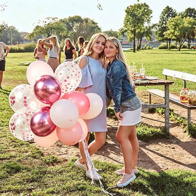 Light Pink and White Balloons Metallic Pink Balloon, 60 Pcs 12 Inch Latex Confetti Metallic Balloons with 1 Ribbon, for Birthday Wedding Bridal Shower Party Decorations