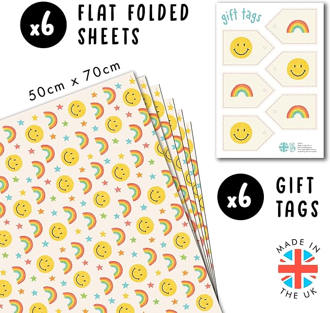 CENTRAL 23 Rainbow Wrapping Paper - 6 Sheets Colorful Gift Wrap For Kids Boys Girls Friends - Birthday Christmas Party - Fun Happy Face Smiley Stars Pastel - Comes With Tags