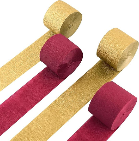 4 Rolls Crepe Paper Gold Burgundy Streamers – Perfect for Streamers Party Decorations, Wedding, Birthday, Colored Decor, and DIY Craft Supplies(1.8 Inch x 82 Ft/Roll)