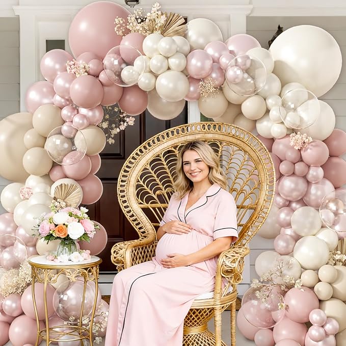 Amandir 173 Pcs Pearl White Pink Balloon Arch Garland Kit, Double Stuffed Dusty Pearl Pink White Sand Clear Balloons for Wedding Boho Neutral Bridal Shower Birthday Valentine's Day Party Decorations