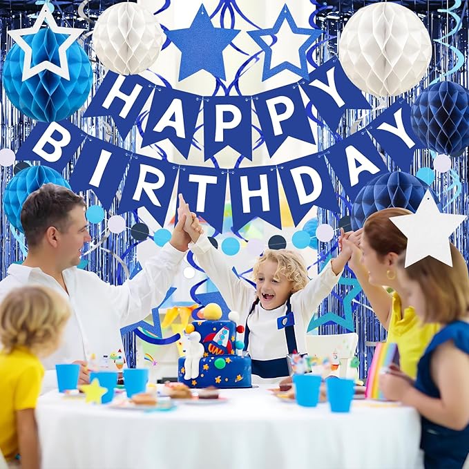ZERODECO Birthday Decorations, Happy Birthday Banner with Paper Honeycomb, Star Hanging Swirl, Fringe Curtain, Garland, Birthday Party Decorations for Women Men Boys Girls (Navy Blue)