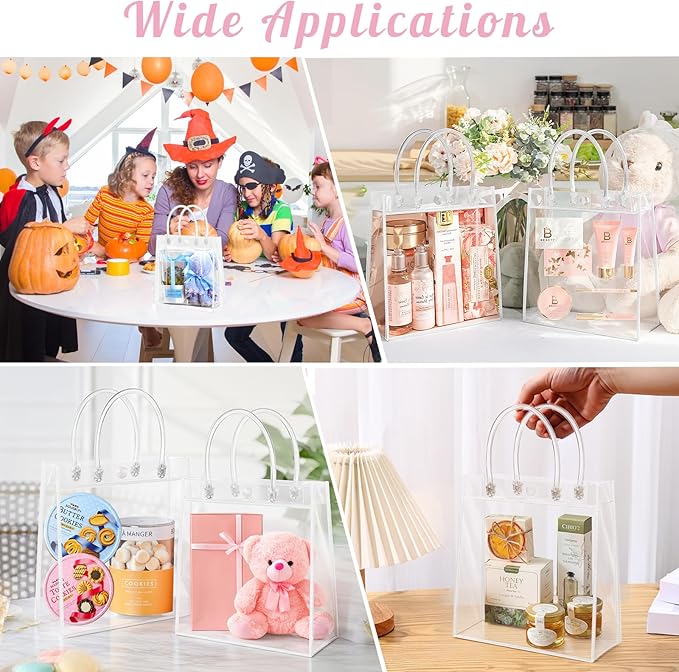 Okxiri 15 PCS Clear PVC Gift Bags with Handles,Small Reusable Plastic Party Favor Bags, Transparent Goodie Bags for Wedding,Baby Shower, Birthday (6.1" x 6.1" x 2.7")