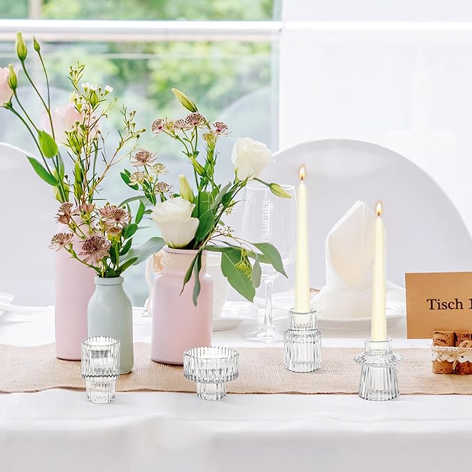Taper Votive Candle Holder for Pillar Candles Tealight, Candlestick Holder for Wedding Christmas Tea Party, Boho Ribbed Vintage Crystal Glass Table Centerpiece Decor, Bulk Set of 6 (Clear)