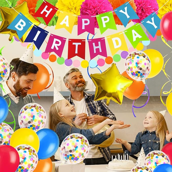 Multicolor Birthday Decorations - Happy Birthday Banner, Paper Pompoms, Confetti, Balloons, Hanging Garland, Swirl Streamers for Boys and Girls Party Decor