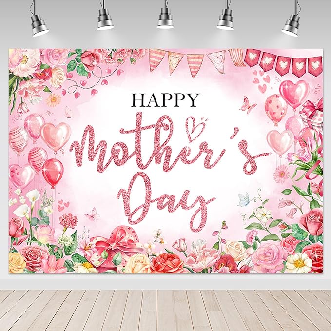 Mocsicka Happy Mother's Day Bakcdrop Pink Floral Mothers Day Party Decorations Banner for Women Festival Birthday Party Background Supplies Photo Booth Props (Pink, 10x8ft(120"x96"))