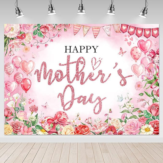Mocsicka Happy Mother's Day Bakcdrop Pink Floral Mothers Day Party Decorations Banner for Women Festival Birthday Party Background Supplies Photo Booth Props (Pink, 10x7ft(120"x82"))