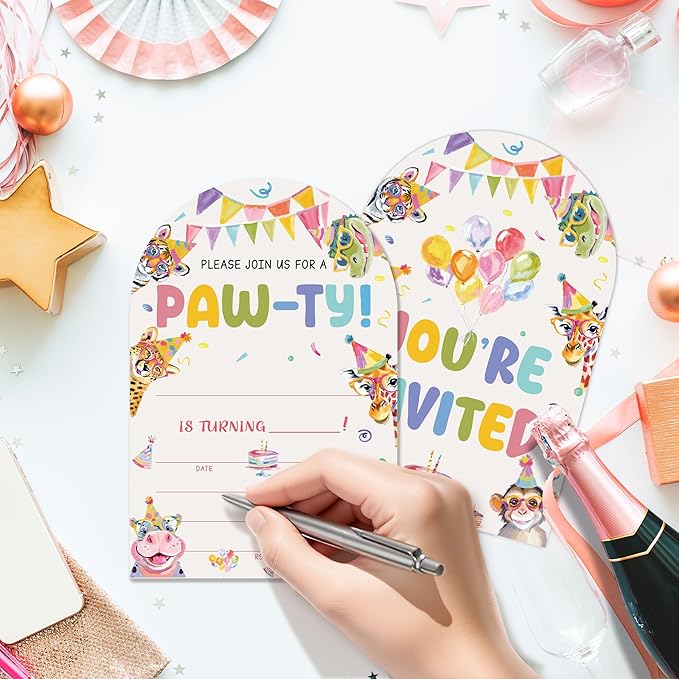 Jungle Animals Birthday Party Invitations, Animals Paw-Ty Invitations with Envelopes, 20 Fill-In Birthday Party invites for Boy Girl, Party Decorations Supplies (arch)