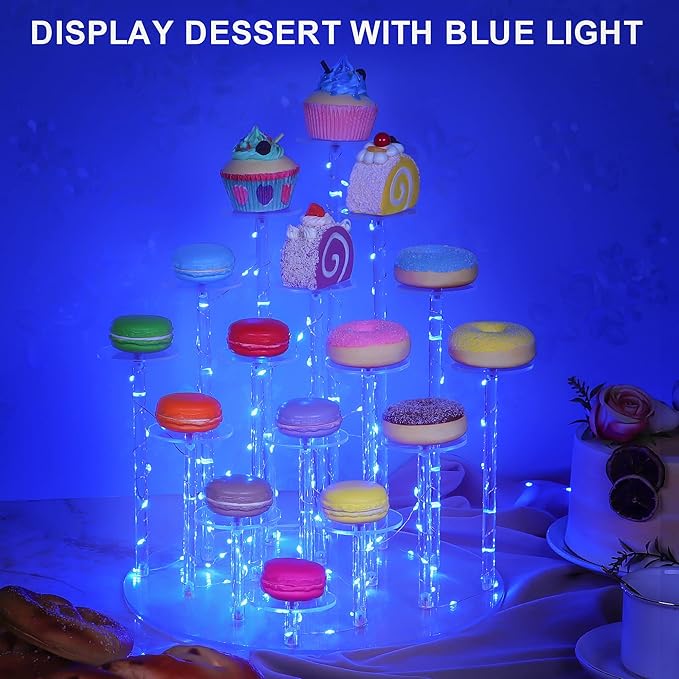Cupcake Stand with Lights, Blue Cupcake Tower Stand for 16 Cupcakes, Acrylic Cupcake Display Stands for Parties and Dessert Table, Clear Cupcake Holder for Small Collections.