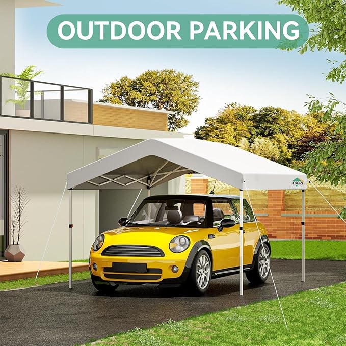 COBIZI 10x10 Pop Up Canopy with One Button Push Center Lock,Ez Up Portable Carport Without sidewall,Waterproof UV50+ Outdoor Party Commercial Carport Canopy with Carry Bag(10 x 10 ft White)
