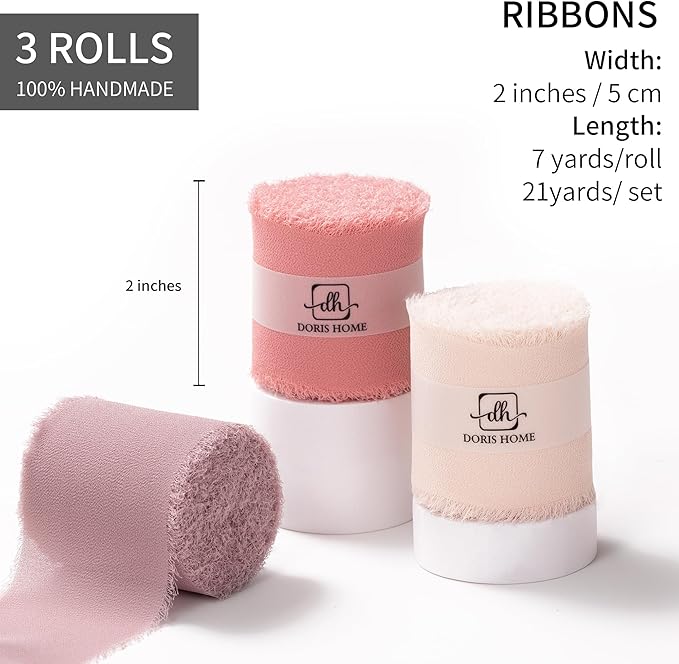 DORIS HOME 2" x21Yd Chiffon Ribbon for Flower Bouquet, Pink & Dusty Rose Fabric Ribbon for Gift Wrapping, Handmade Frayed Ribbon for Wedding/Christmas Decorations