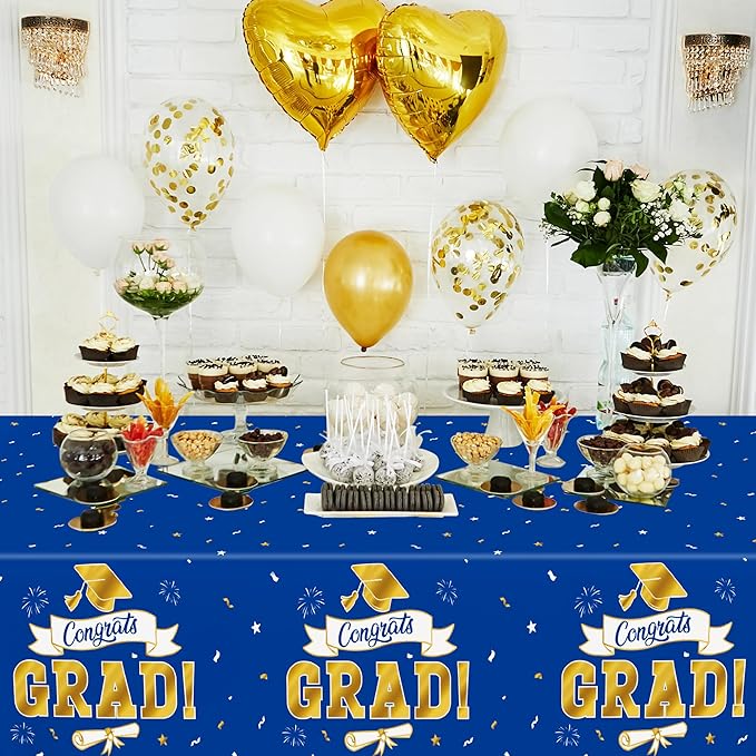 2Pack 2026 Graduation Decorations, 108" X 54" Graduation Tablecloth, Bluegold Disposable Table Cloths for Grad Party Favors Supplies, Rectangle Plastic Tablecover for Class 2026 Congrats Grad for Kids
