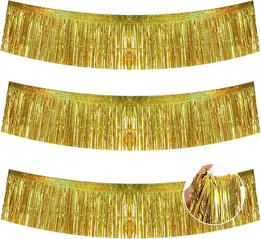 BEISHIDA 3 Packs 30 Feet Metallic Foil Fringe Garland Tinsel Streamers，Laser Gold Wall Hanging Tinsel Fringe Banners for Wedding Birthday Party Decoration Halloween Christmas New Year