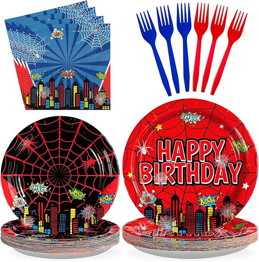 Grencian 96Pcs Cartoon Spider Birthday Party Decorations Red Blue Spider Birthday Plates and Napkins Disposable Hero Paper Tableware Set for Kids Baby Shower Super Theme Party Supplies, Serves 24