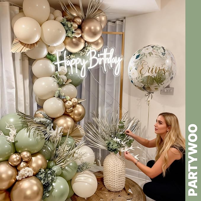 PartyWoo Sage Green Balloons 66pcs 12 Inch Metallic Gold Sand White Light Brown Gold Confetti Balloons for Baby Shower Wedding Engagement Jungle Woodland Forest Birthday Party Decorations