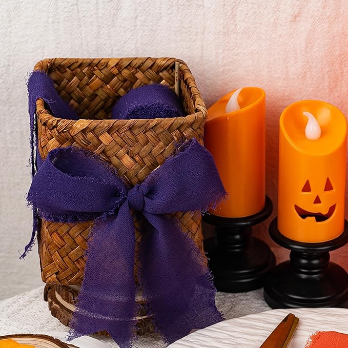 Halloween Ribbon, Black Orange Purple Silk Chiffon Ribbon, 1-1/2''x21Yd Handmade Frayed Fringe Ribbon for Wrapping, Halloween Party Supply, Floral Vase Decor, Birthday, 3 Rolls
