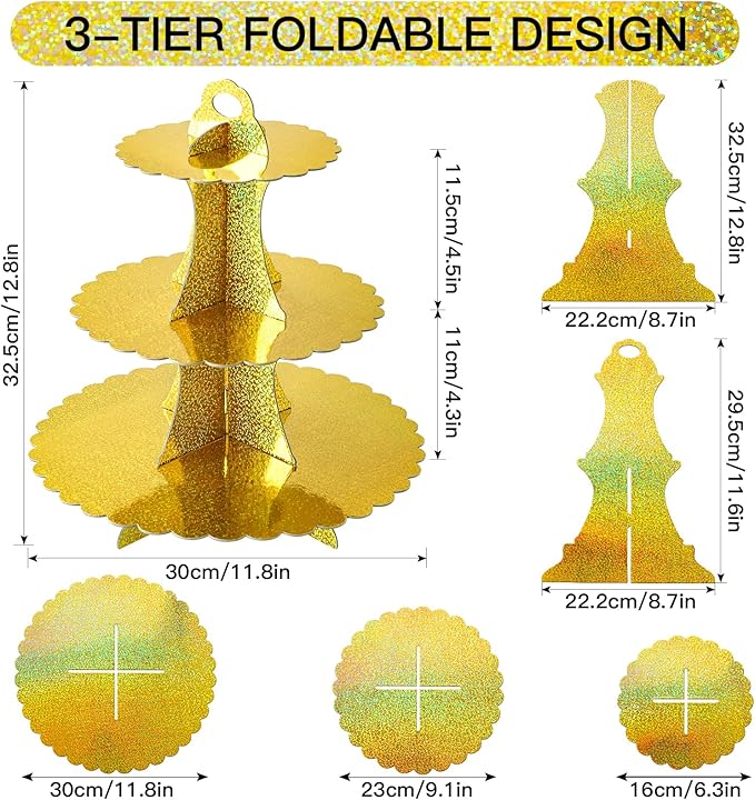Soleebee 3-Tier Cupcake Stand, Cardboard Cupcake Tower, Dessert Cup Cake Stand Tower for Birthday Wedding Party Decoration, Cupcake Tier Stand 2 Set (Glitter Gold)