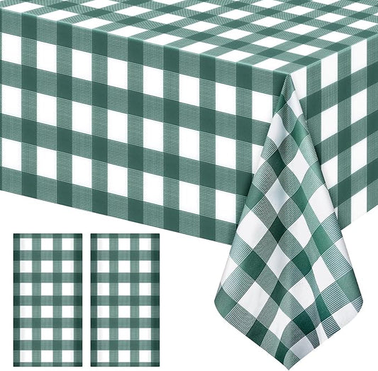 2 Pack Sage Green Striped Gingham Tablecloths, 54 x 108 Inch Disposable Plastic Rectangle Table Covers, Waterproof Checkered Sage Green Table Cloths for Picnic, Birthday, Party, Outdoor Events