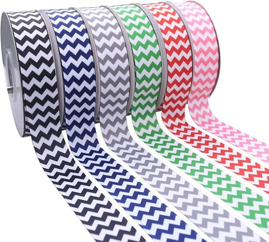 Chevron Printed Grosgrain Ribbon 1 Inch Fabric Ribbon Set Multi Color for Gift Wrapping Holiday Wedding Party Decoration Hair Bow Accessories DIY Crafts Baby Shower 30 Yards